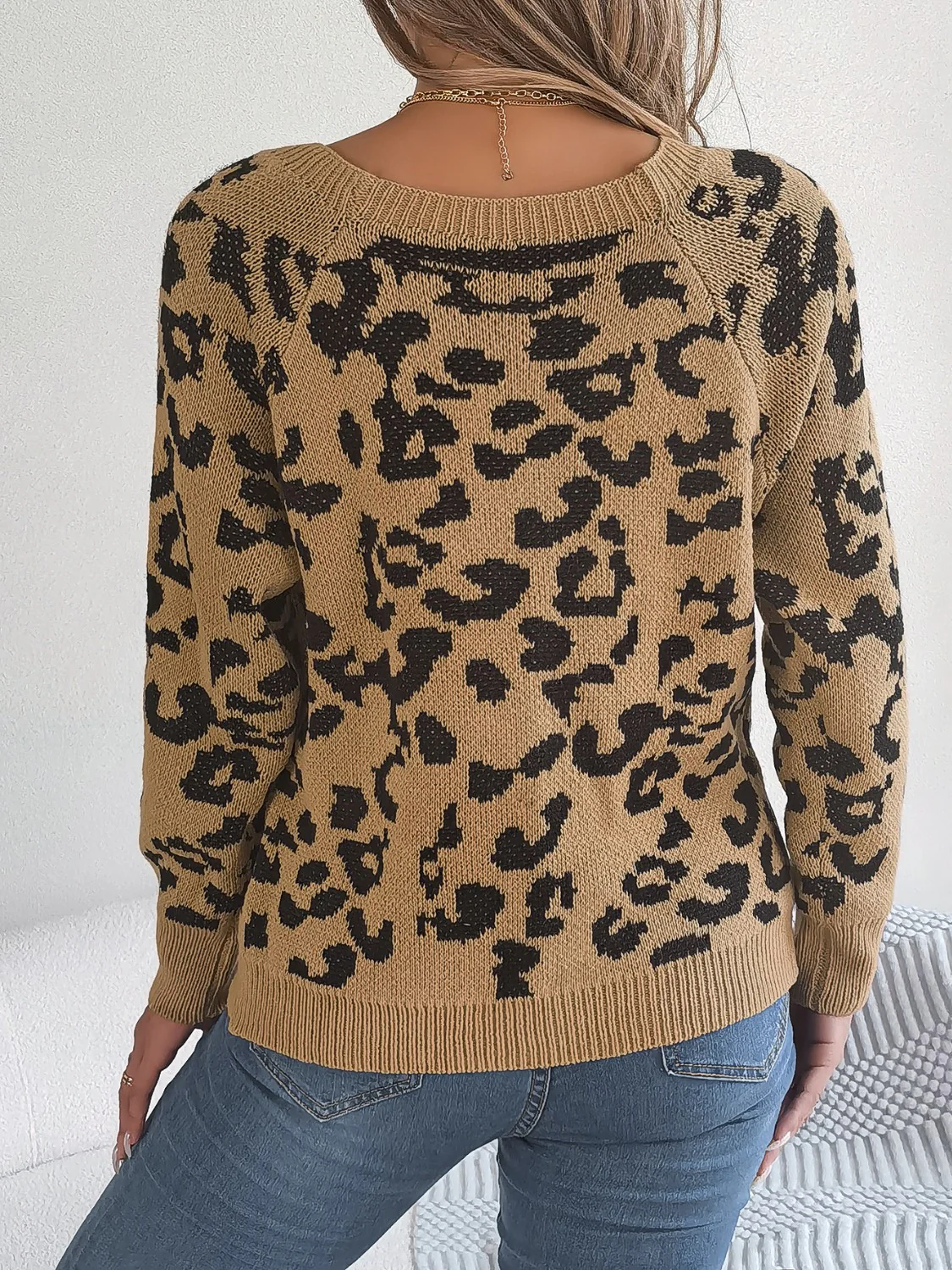 Leopard Buttoned Square Neck Sweater - Image 2