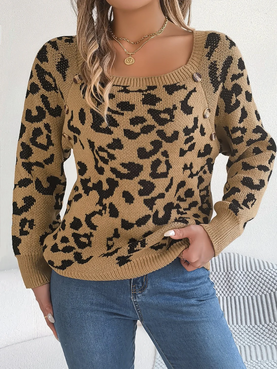 Leopard Buttoned Square Neck Sweater - Image 3