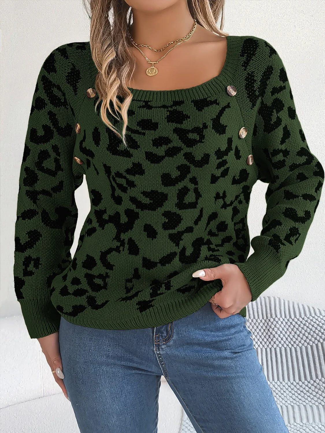 Leopard Buttoned Square Neck Sweater - Image 5