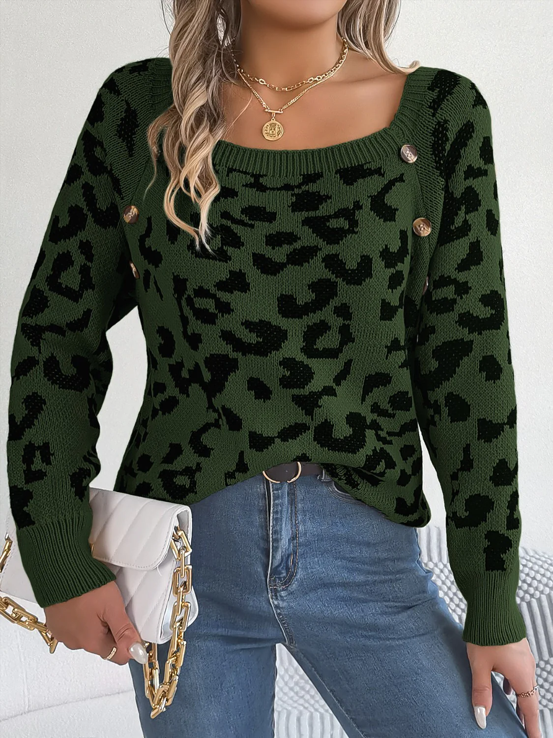 Leopard Buttoned Square Neck Sweater - Image 6