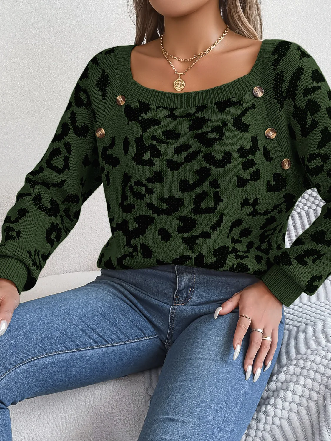 Leopard Buttoned Square Neck Sweater - Image 7