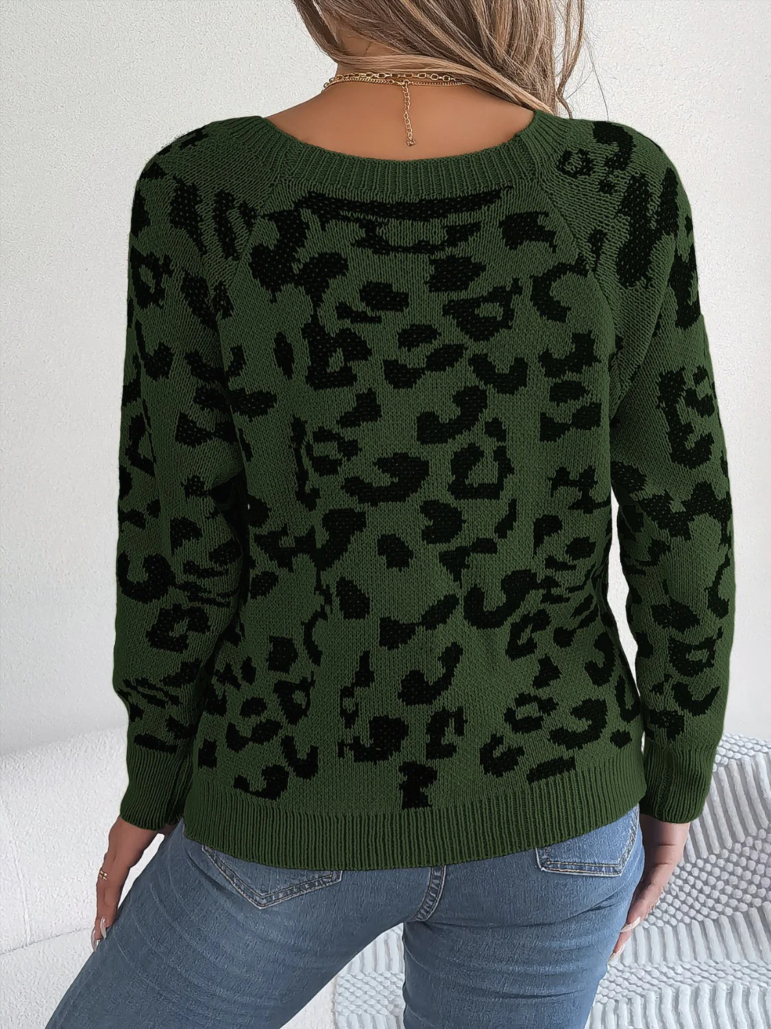 Leopard Buttoned Square Neck Sweater - Image 8
