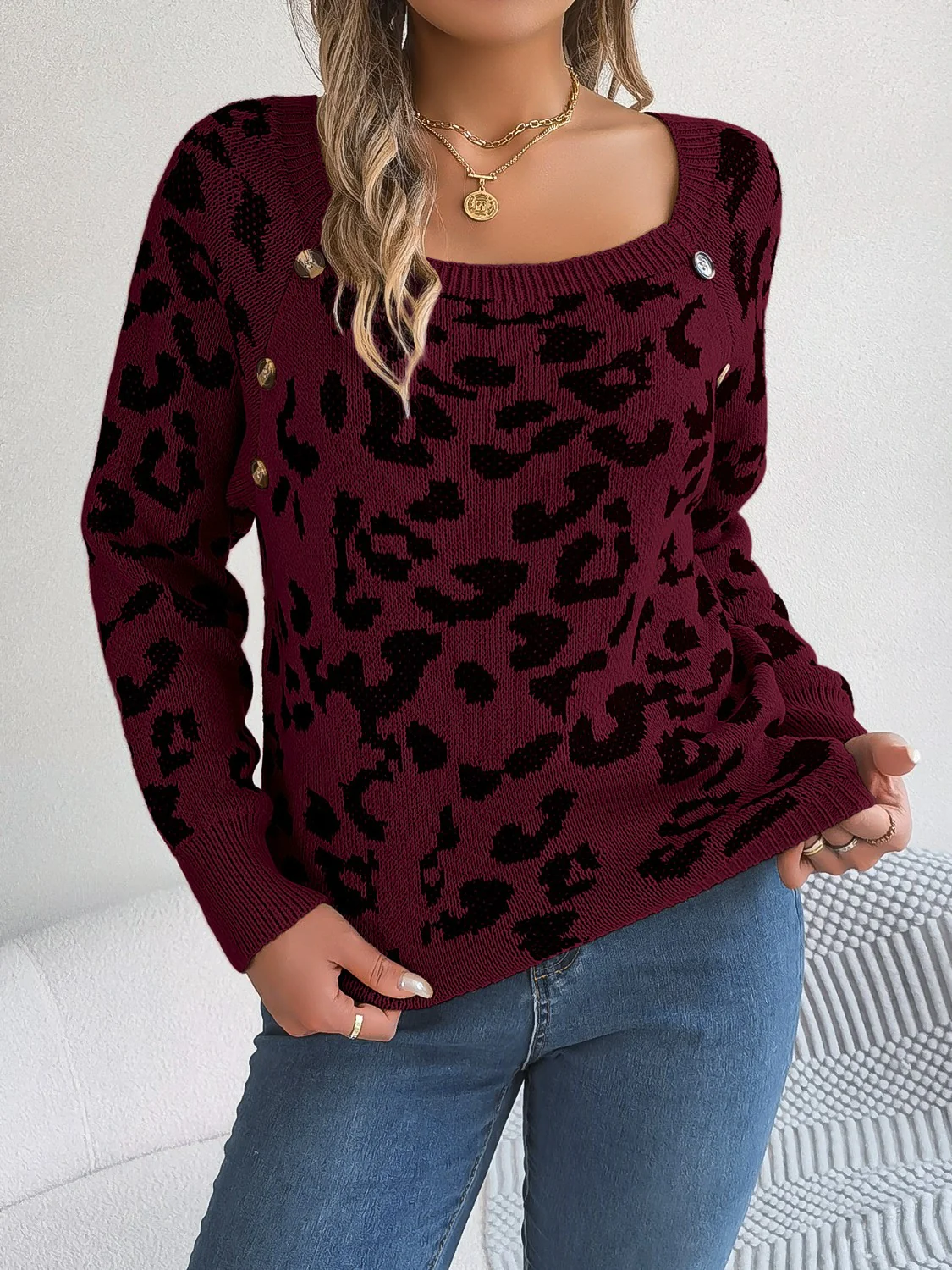 Leopard Buttoned Square Neck Sweater - Image 9