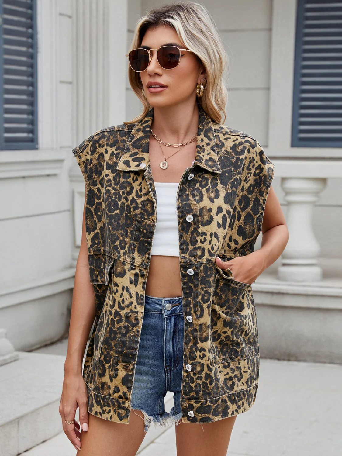 Leopard Buttton Up Denim Vest - Image 4