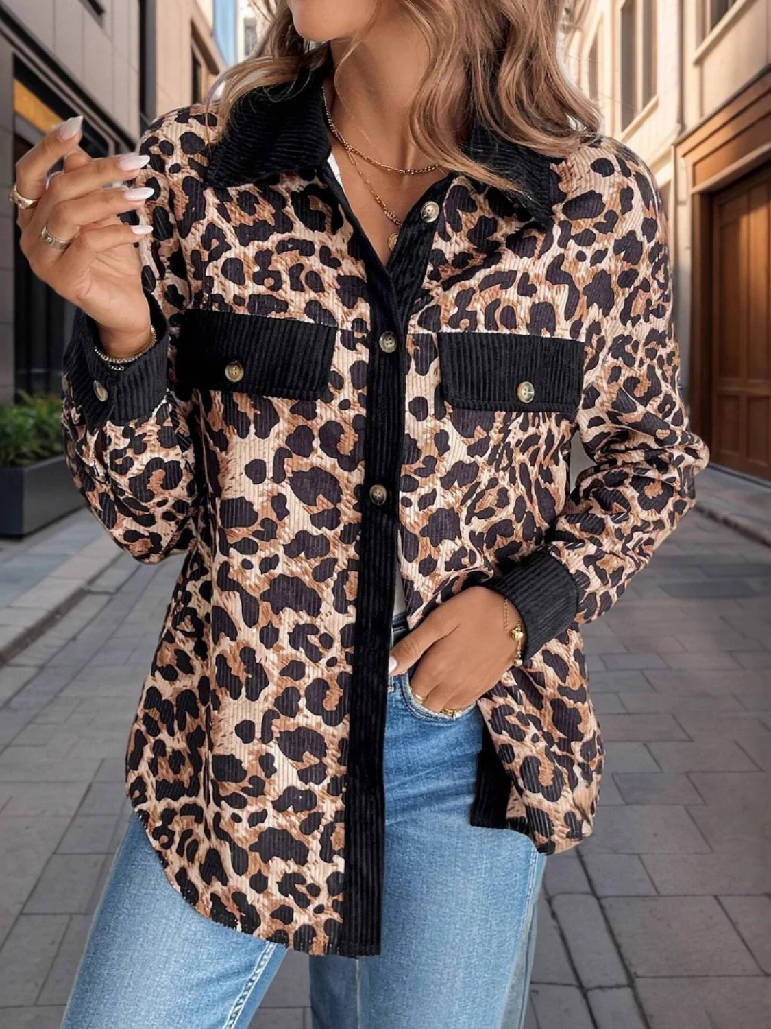 Leopard Collared Neck Button Up Jackets