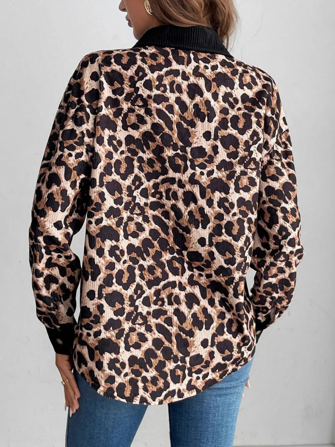 Leopard Collared Neck Button Up Jackets - Image 2
