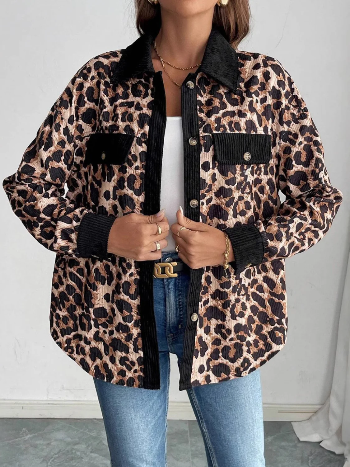 Leopard Collared Neck Button Up Jackets - Image 3