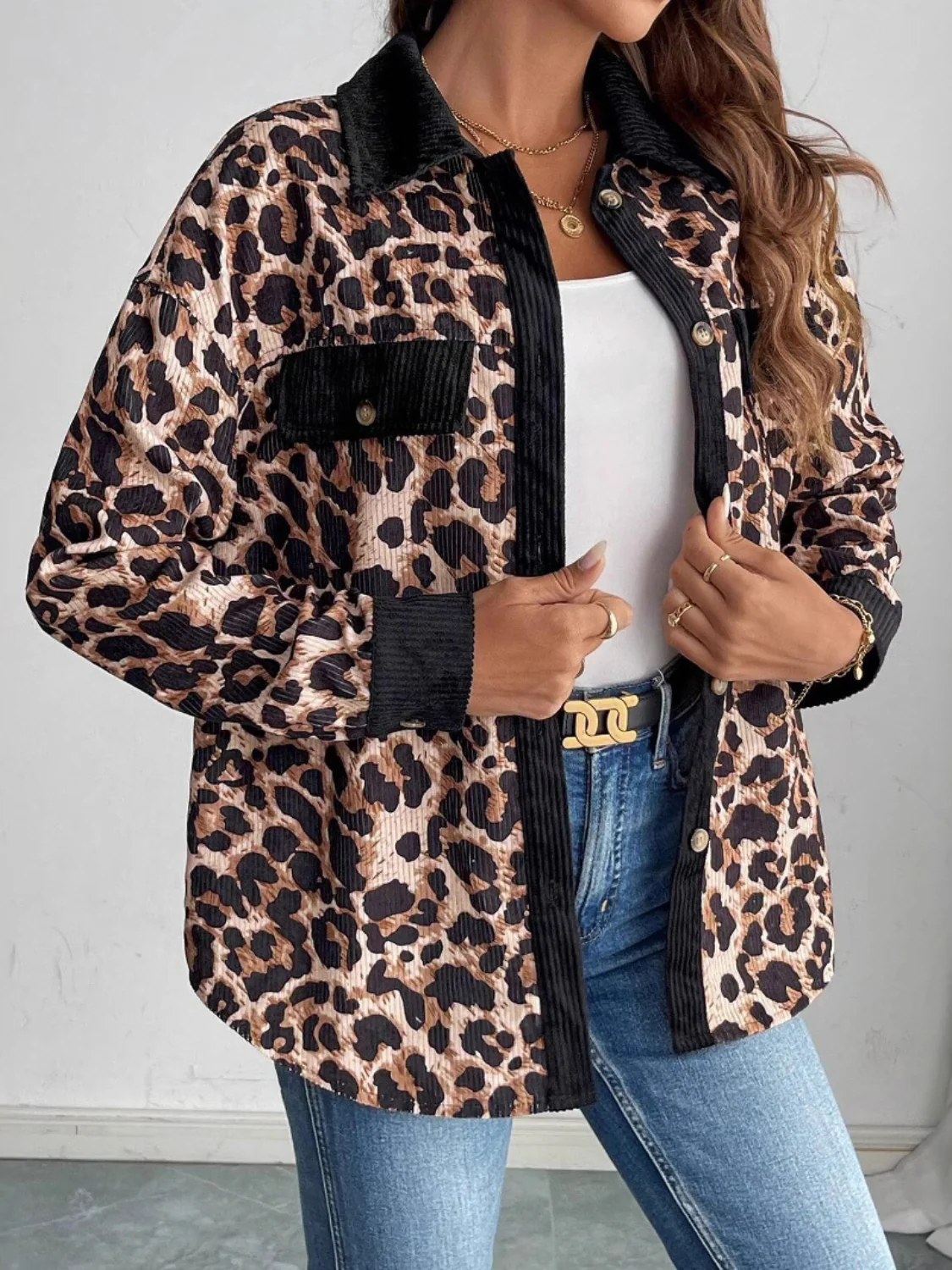 Leopard Collared Neck Button Up Jackets - Image 4