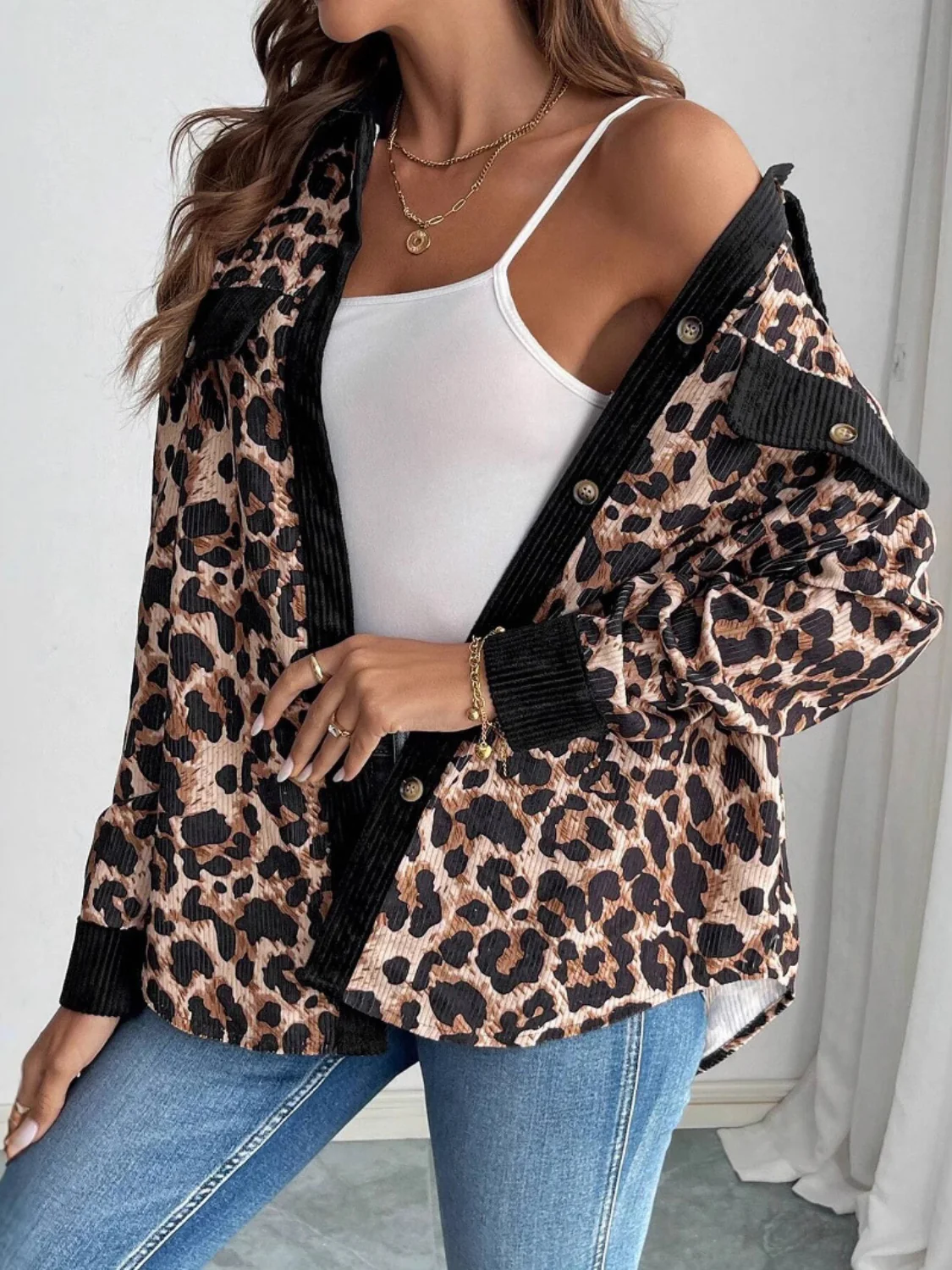 Leopard Collared Neck Button Up Jackets - Image 5