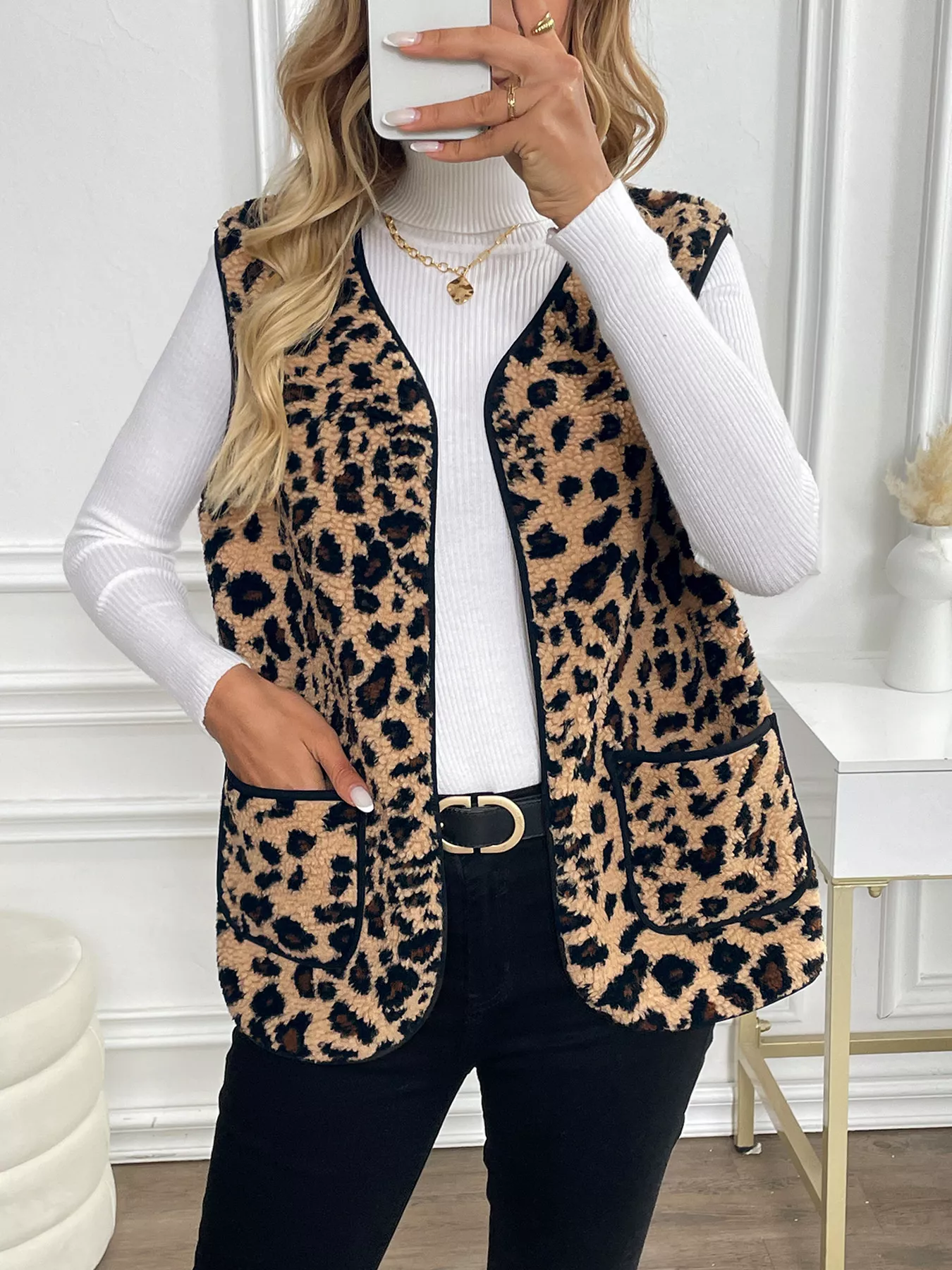 Leopard Fleece Vest Coat with Pockets - Image 2