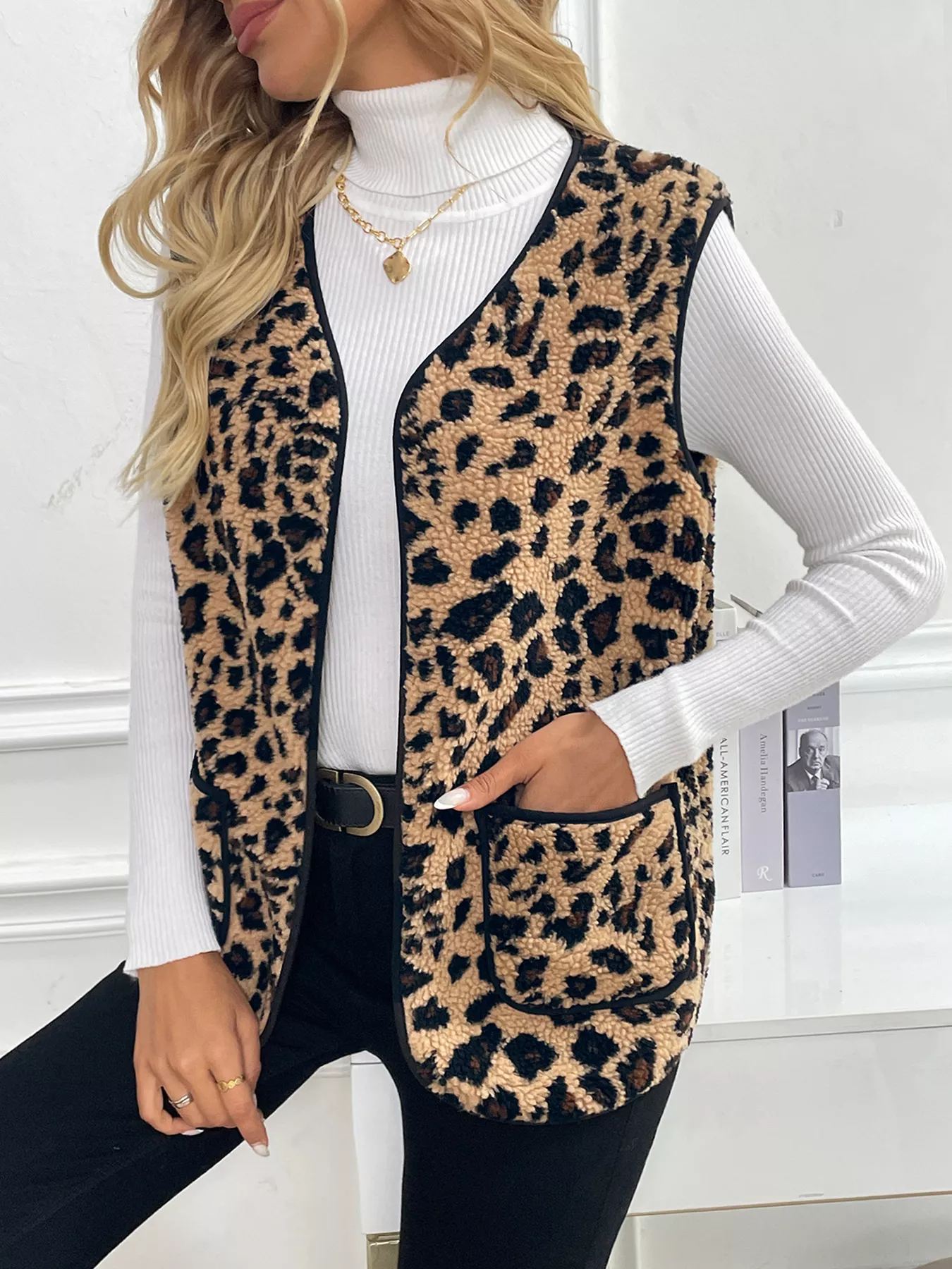 Leopard Fleece Vest Coat with Pockets - Image 4