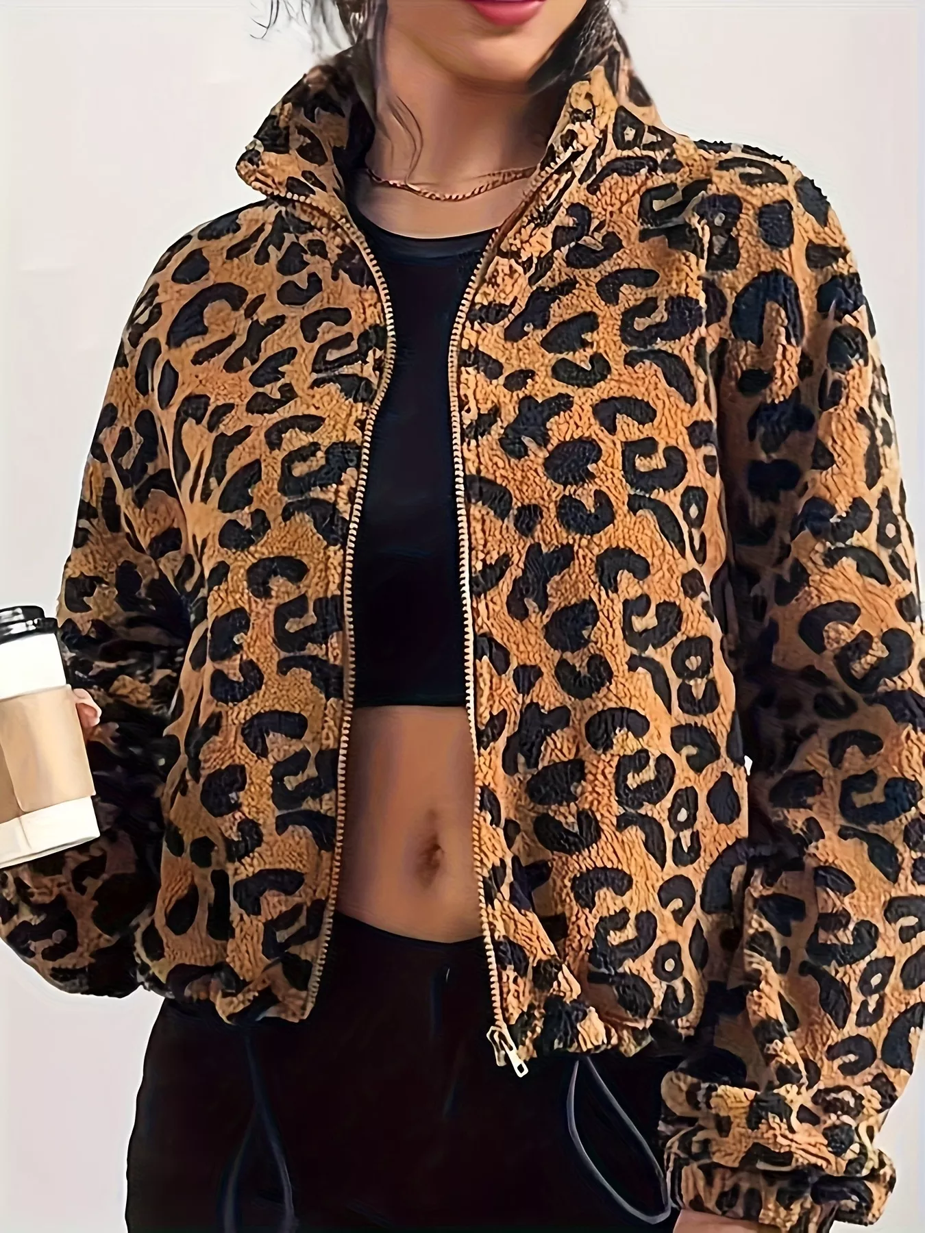 Leopard Fleece Zip-Up Jacket - Image 3
