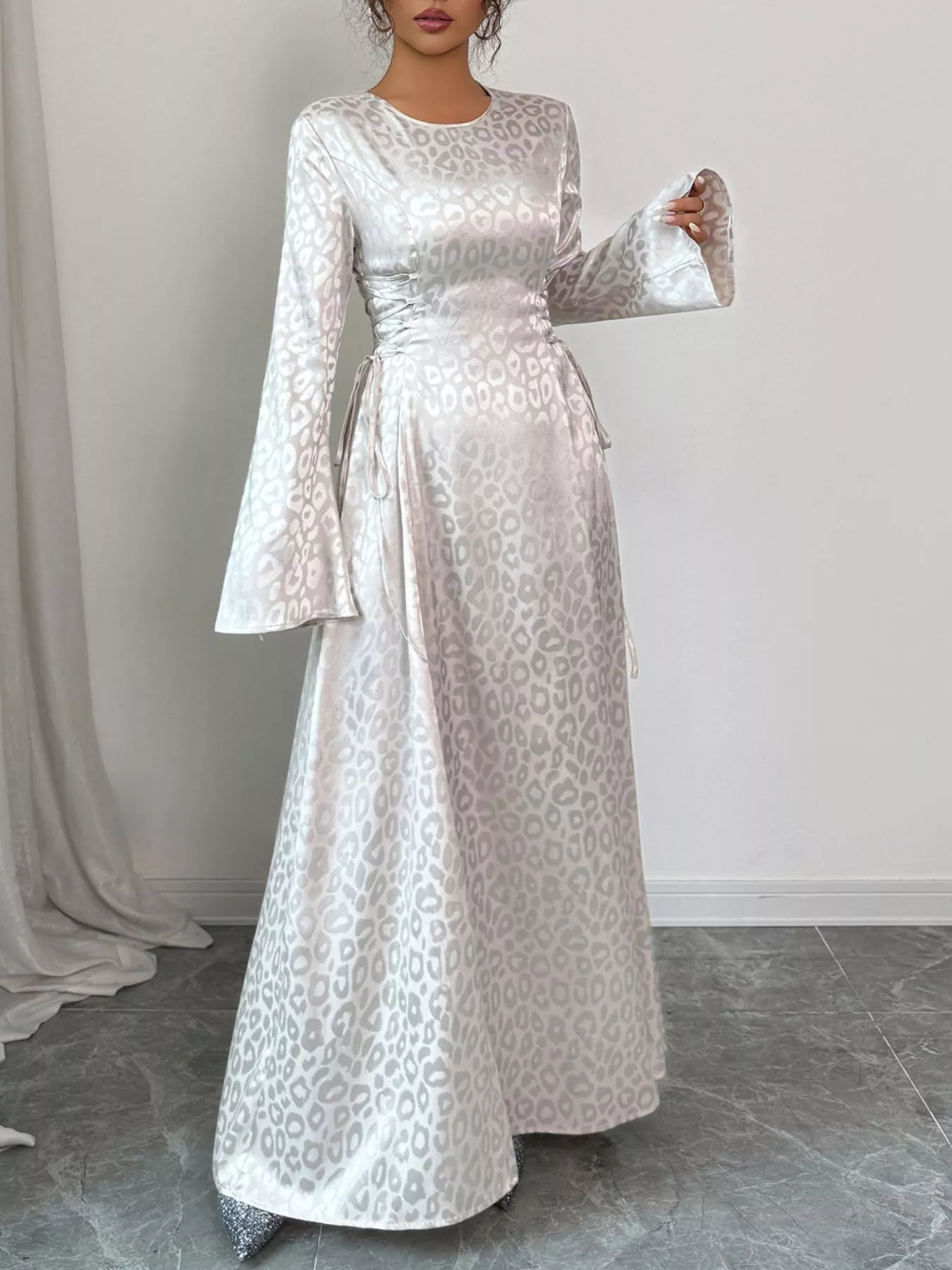 Leopard Lace Up Long Sleeve Maxi Dress - Image 2