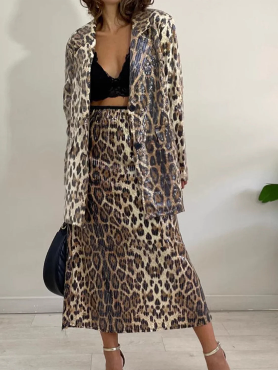 Leopard Lapel Collar Long Sleeve Longline Blazer - Image 3