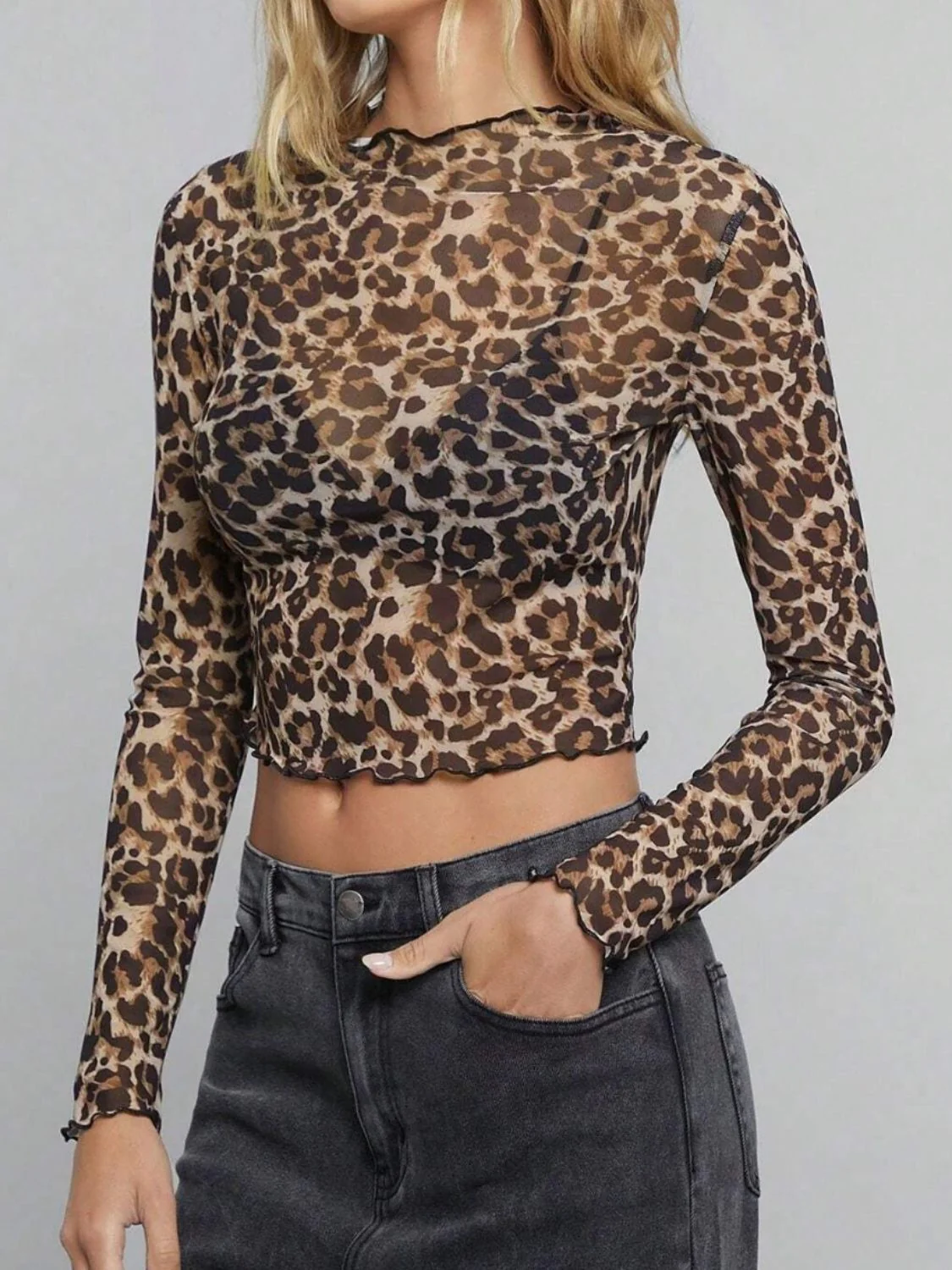 Leopard Mock Neck Long Sleeve Sheer Top - Image 5