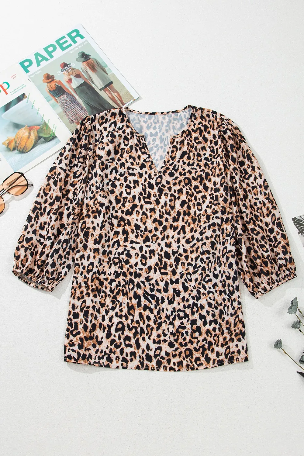 Leopard Notched Half Sleeve Blouse - Image 3