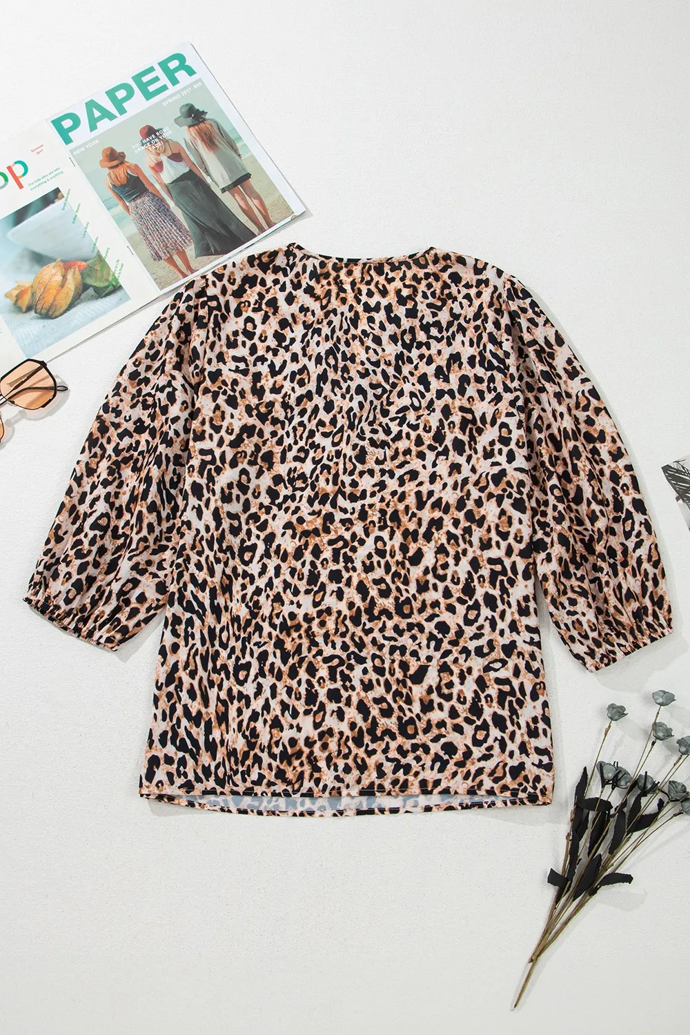 Leopard Notched Half Sleeve Blouse - Image 4