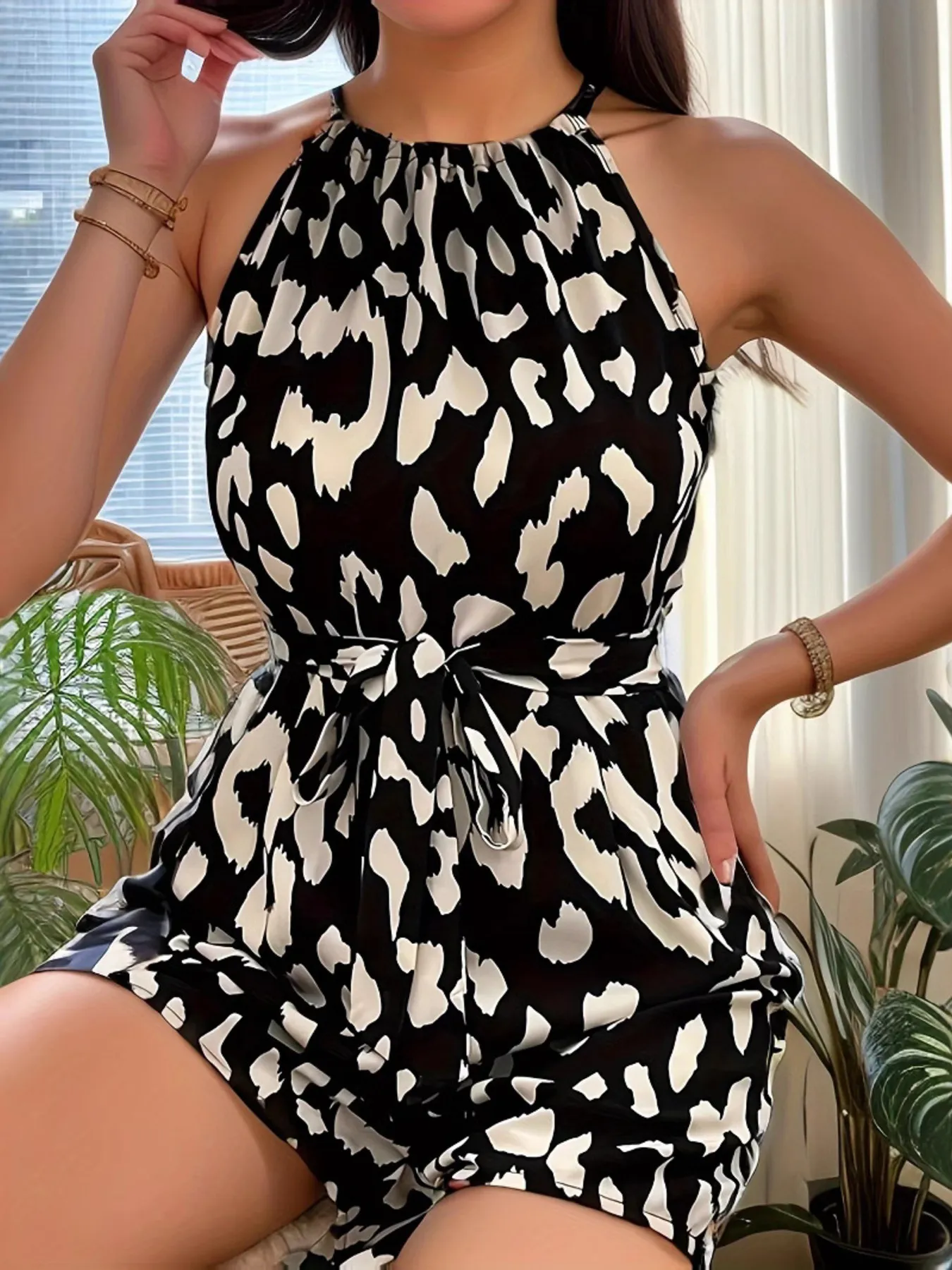 Leopard Print Halter Neck Belted Summer Romper - Image 3