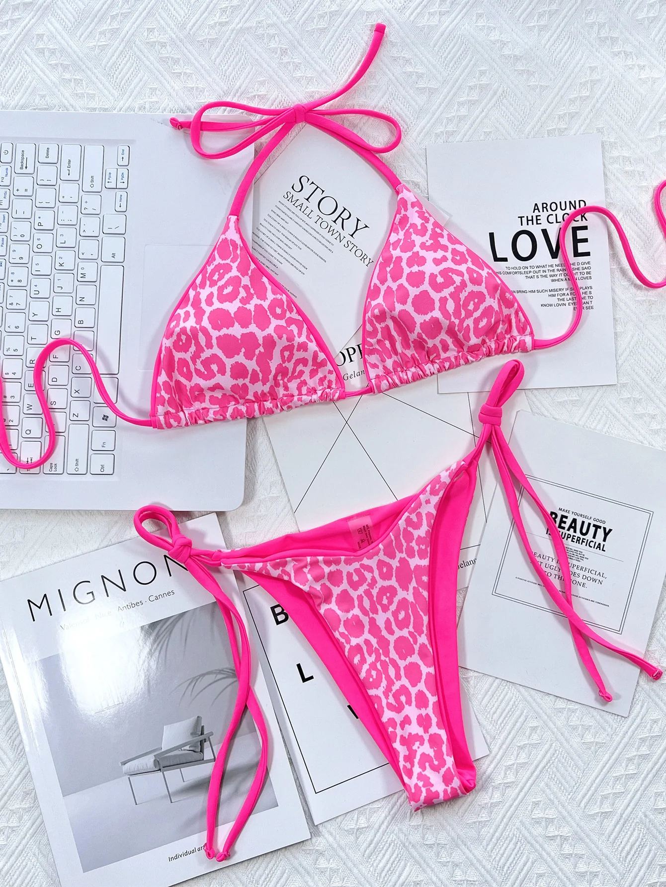Leopard Print Halter Neck Tie Side Bikini Set - Image 2