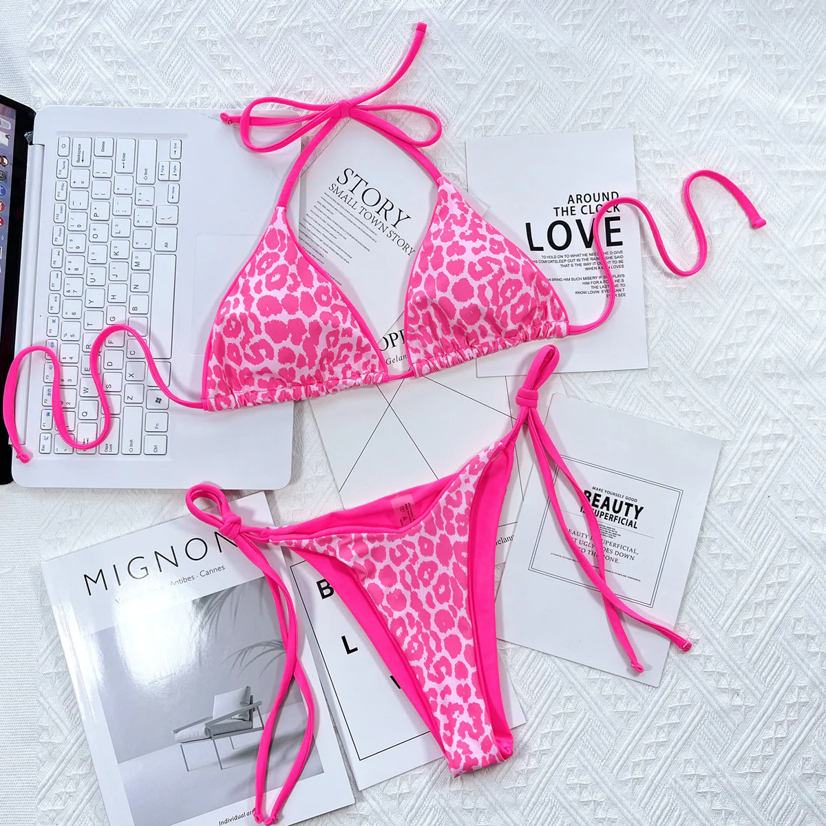 Leopard Print Halter Neck Tie Side Bikini Set - Image 5