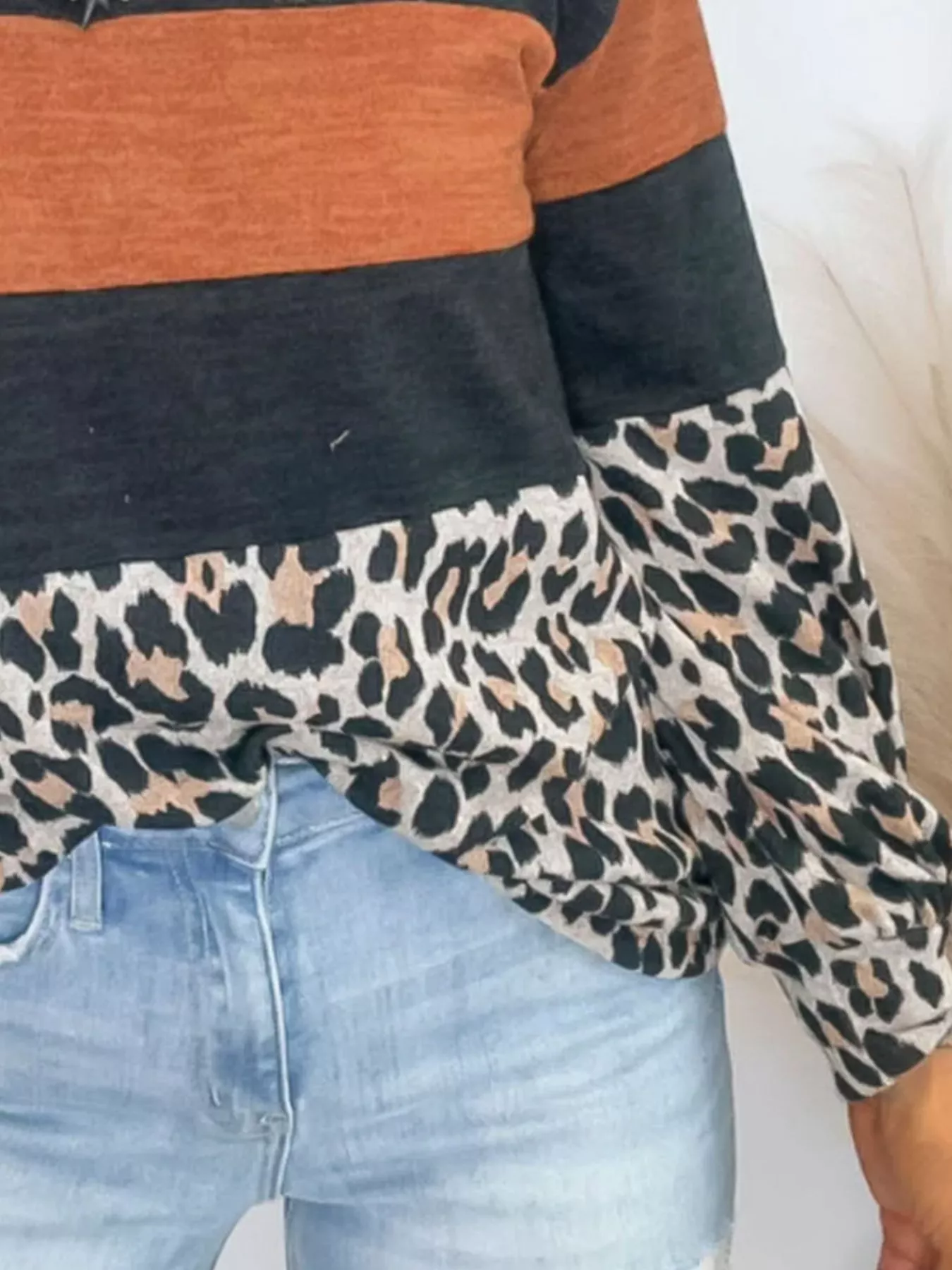 Leopard Print Patchwork Long Sleeve Blouse - Image 2