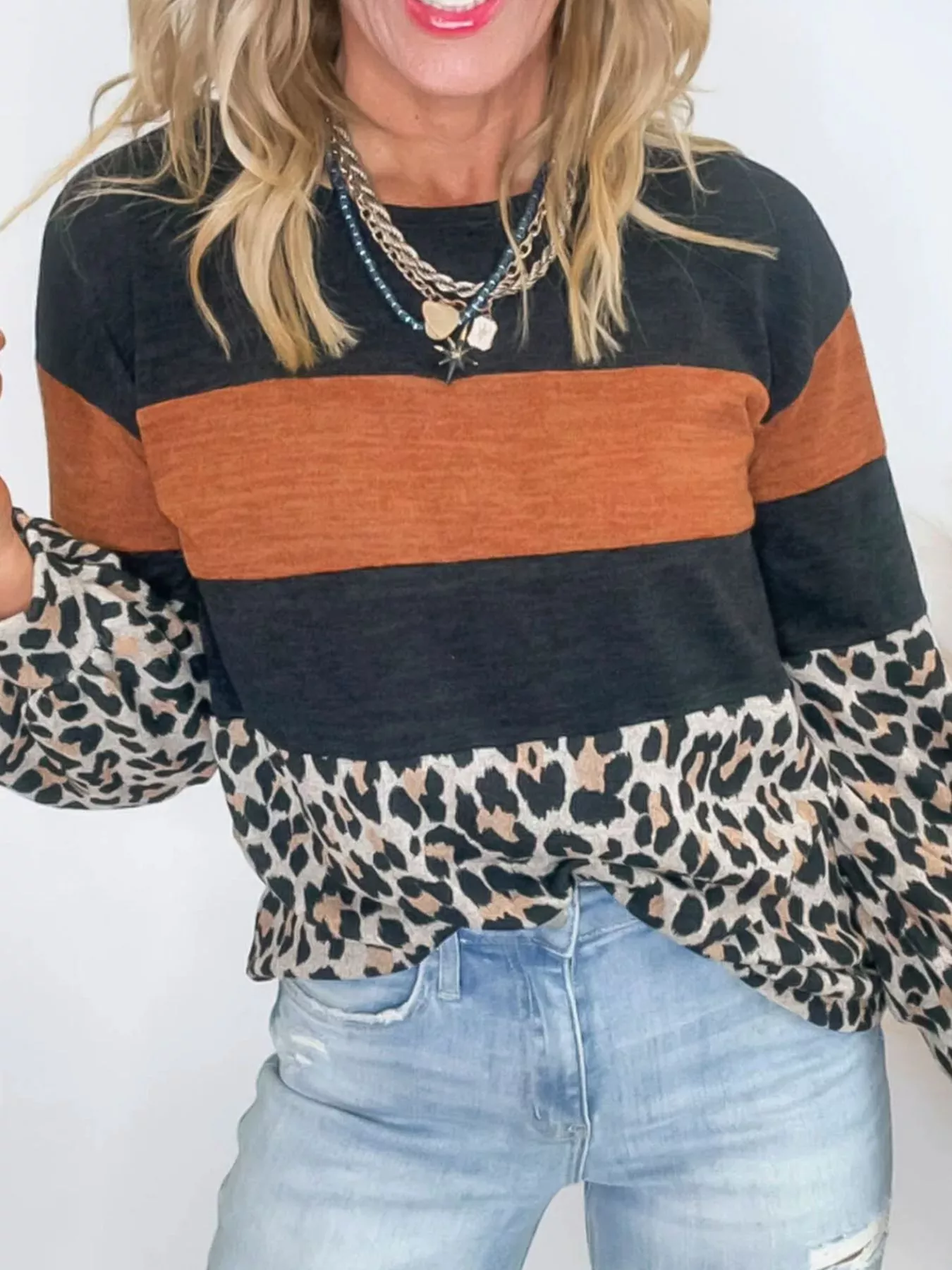 Leopard Print Patchwork Long Sleeve Blouse - Image 3