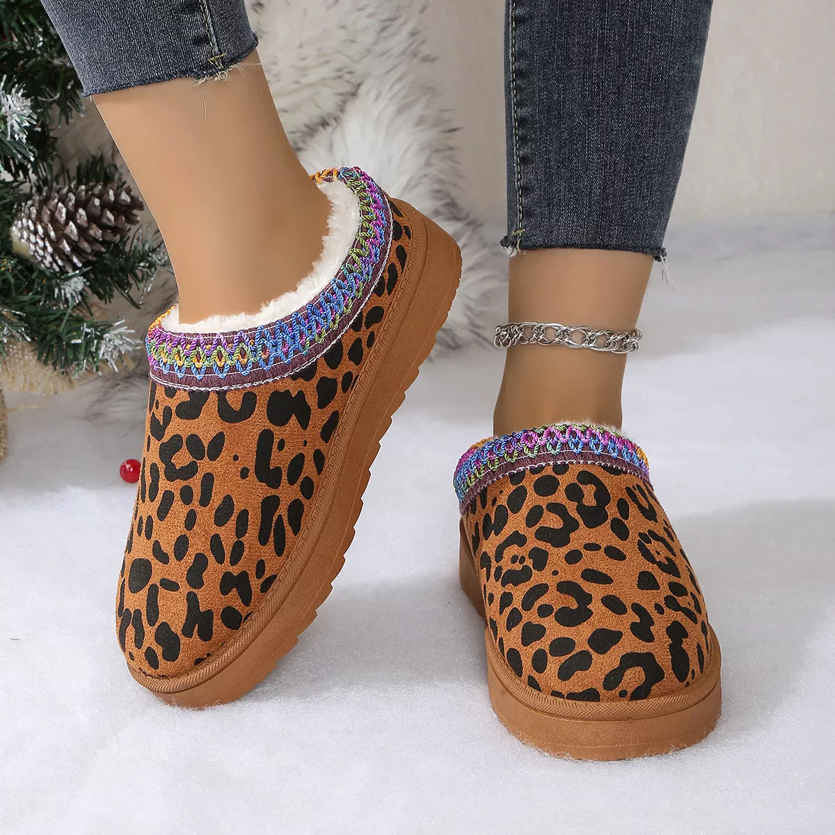 Leopard Print Plush Lined Warm Slip-Ons - Image 10