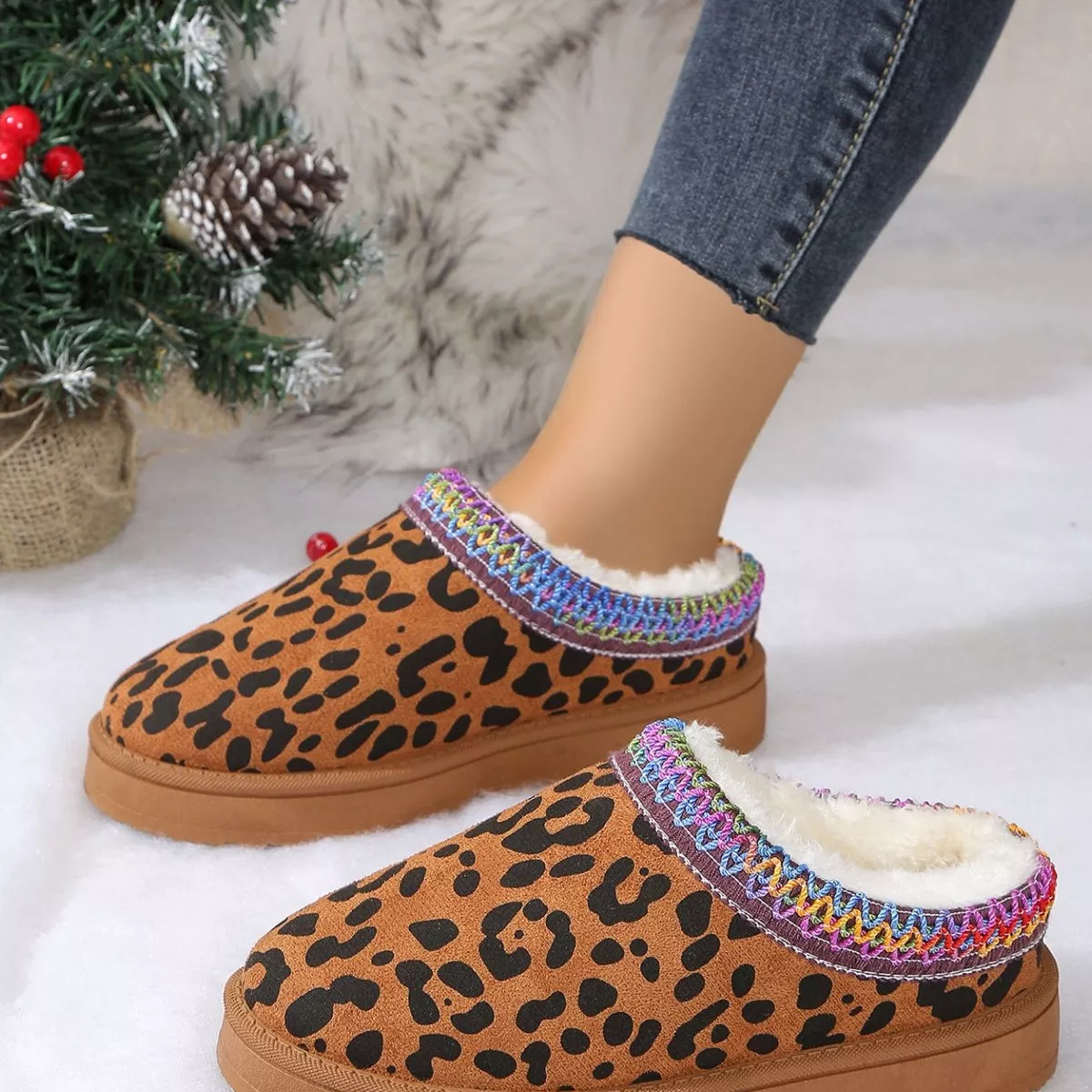 Leopard Print Plush Lined Warm Slip-Ons - Image 12