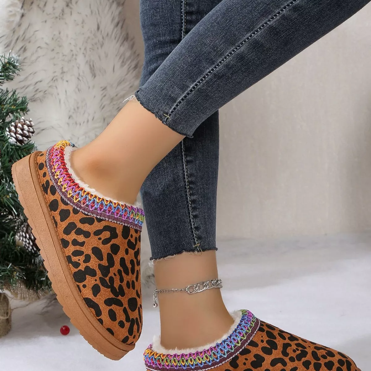 Leopard Print Plush Lined Warm Slip-Ons - Image 5