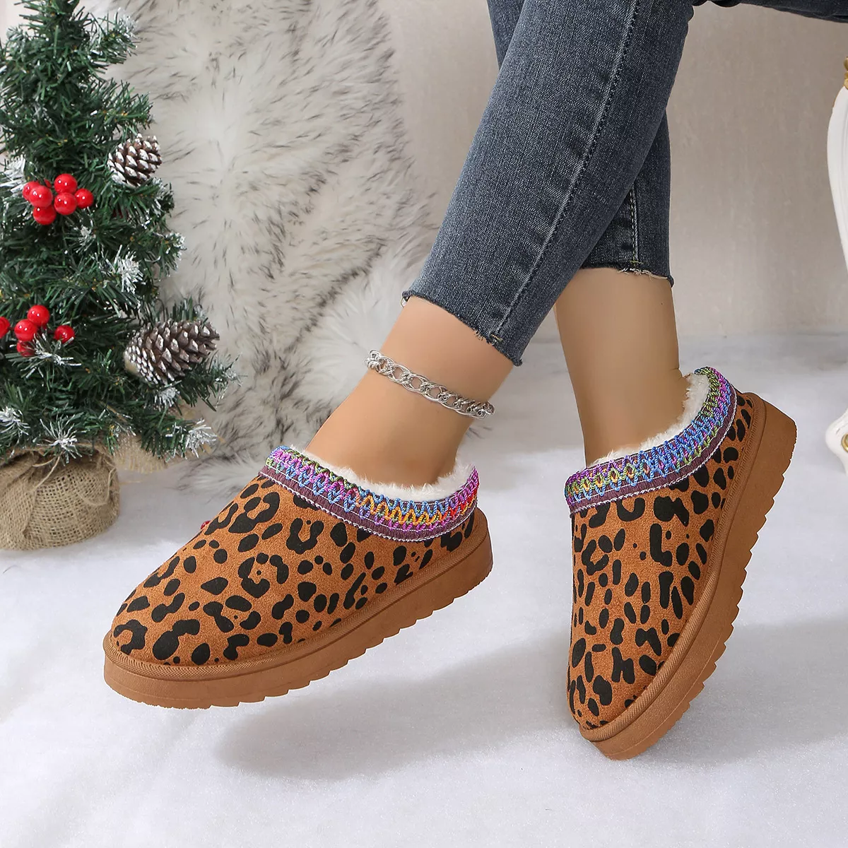 Leopard Print Plush Lined Warm Slip-Ons - Image 6