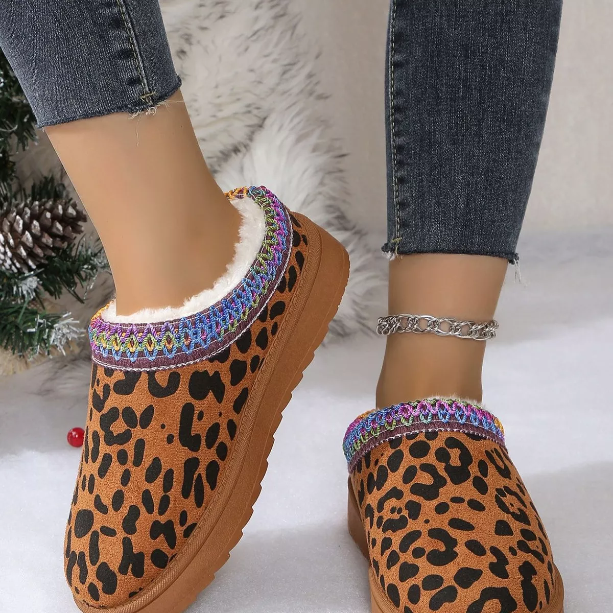Leopard Print Plush Lined Warm Slip-Ons - Image 7