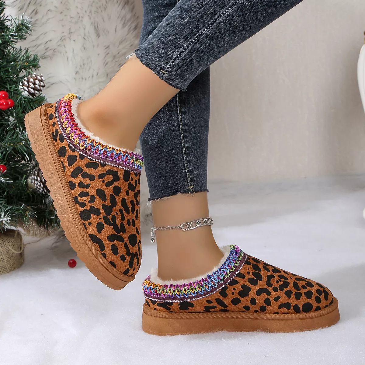 Leopard Print Plush Lined Warm Slip-Ons - Image 8