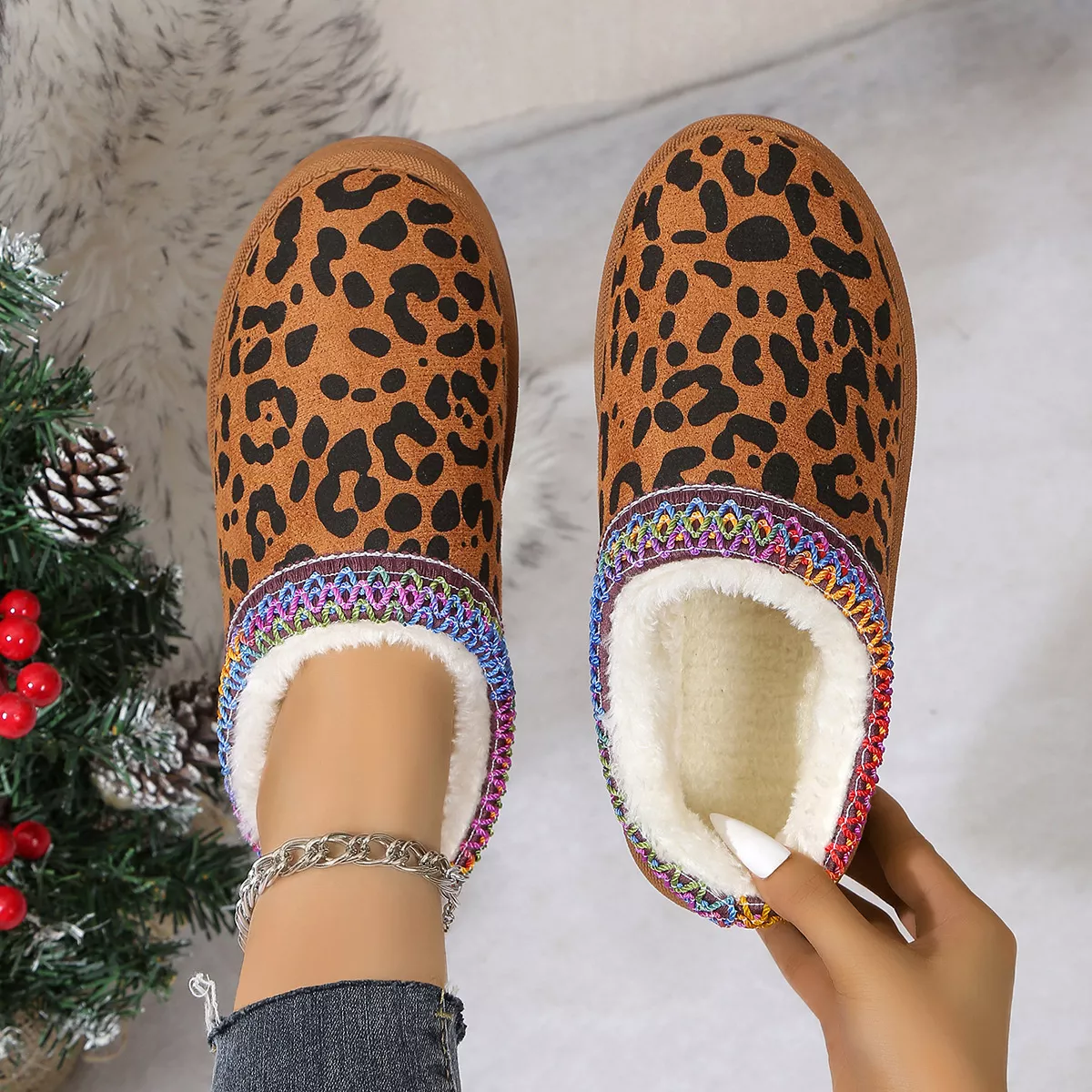Leopard Print Plush Lined Warm Slip-Ons - Image 9