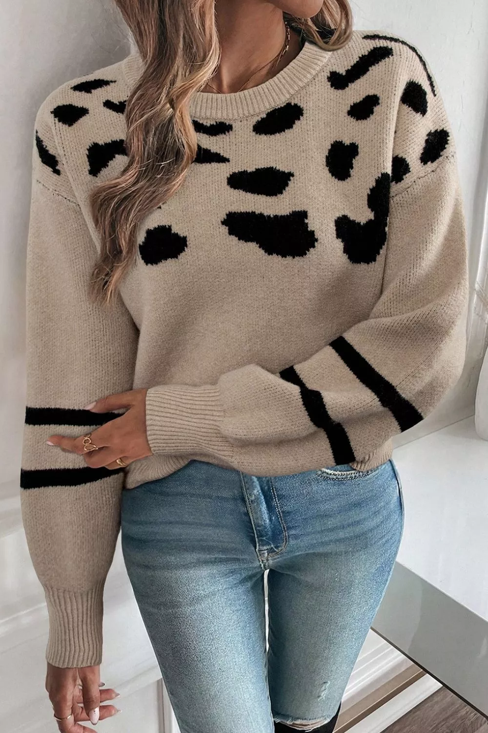 Leopard Round Neck Dropped Shoulder Sweater - Image 3