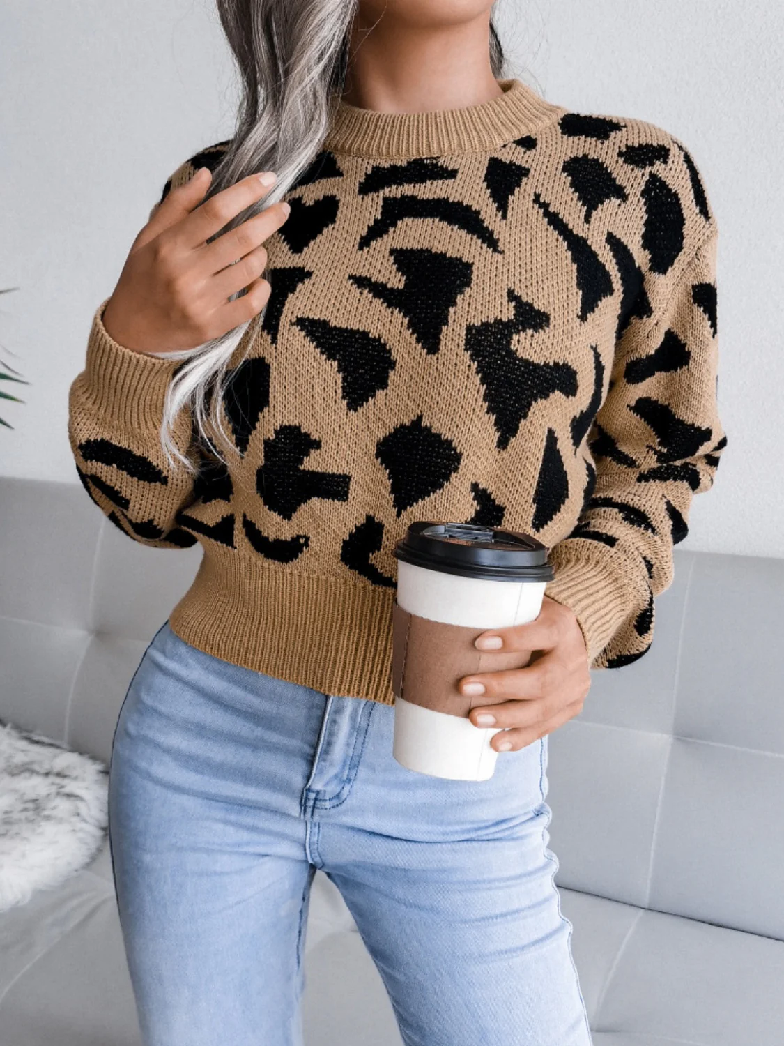 Leopard Round Neck Dropped Shoulder Sweater - Image 5