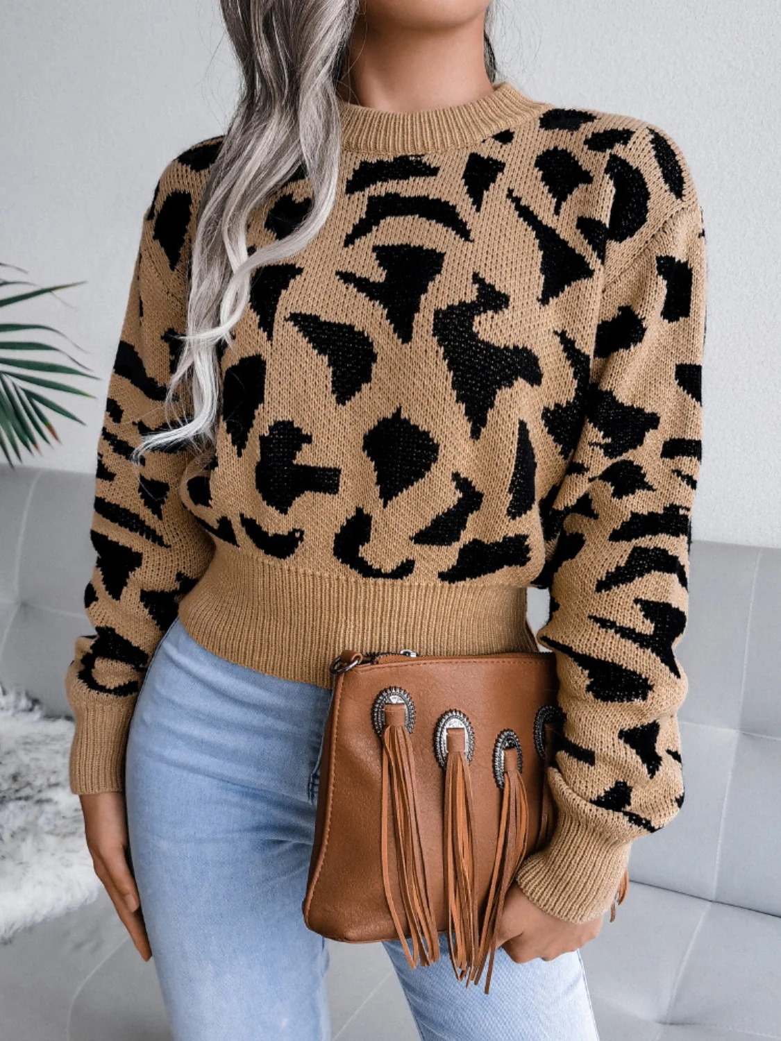 Leopard Round Neck Dropped Shoulder Sweater - Image 7