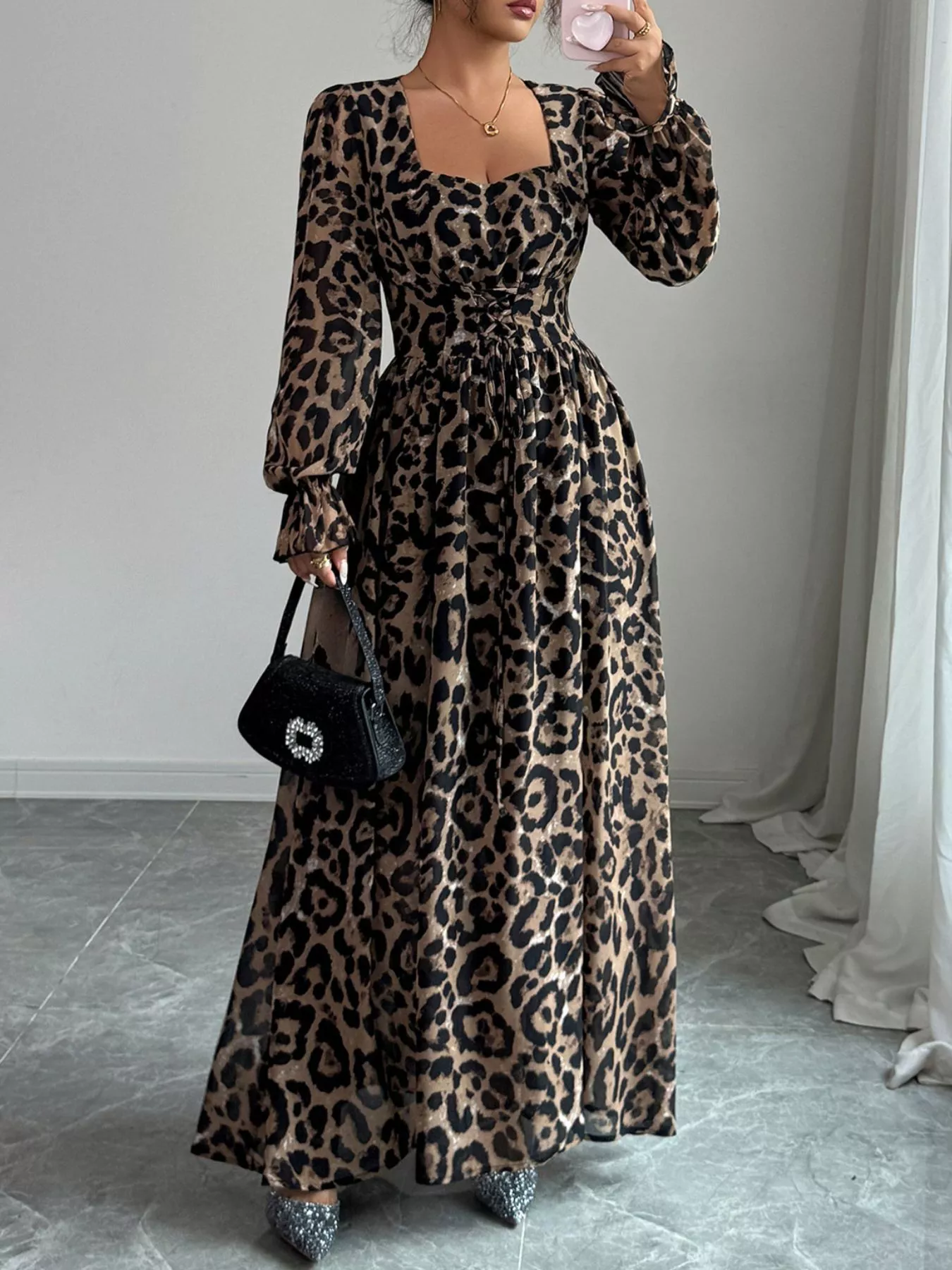 Leopard Sweetheart Neck Flounce Sleeve Maxi Dress - Image 3