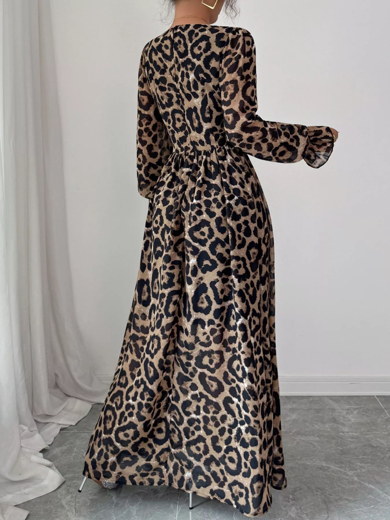 Leopard Sweetheart Neck Flounce Sleeve Maxi Dress - Image 5