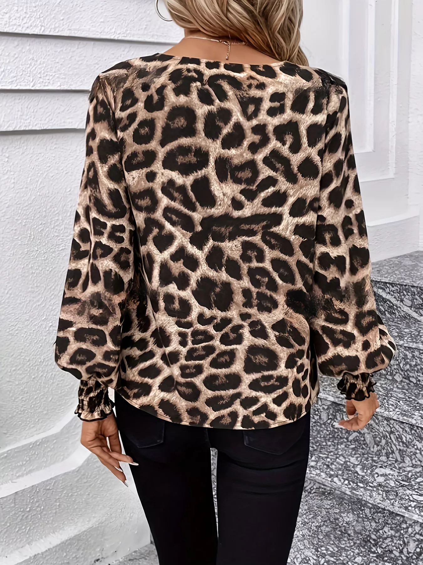 Leopard V-Neck Long Sleeve Blouse - Image 5