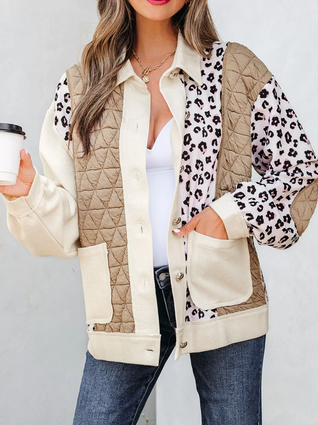 Leopard Waffle Quilted Patchwork Button Front Jacket - Image 2