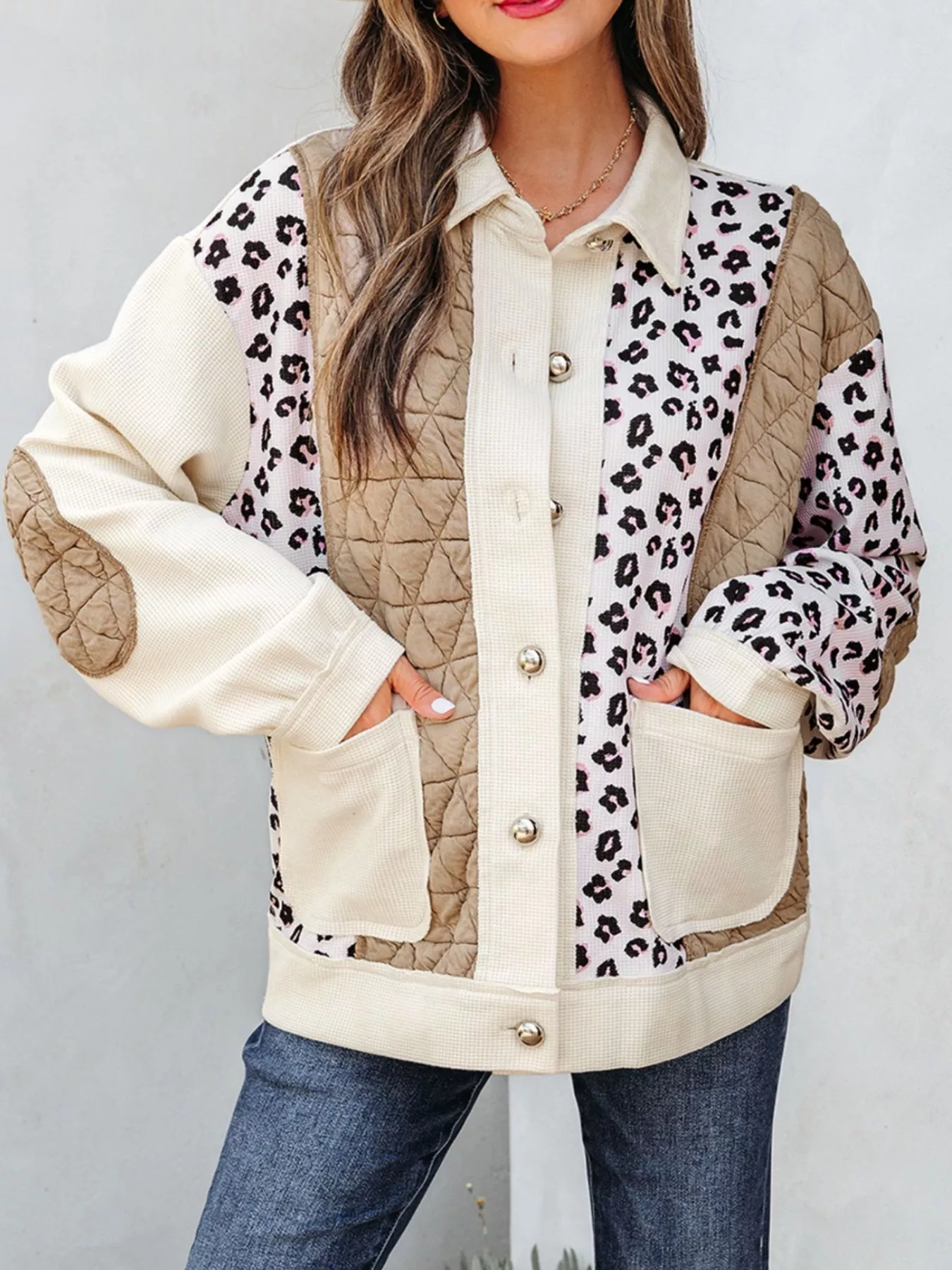 Leopard Waffle Quilted Patchwork Button Front Jacket - Image 3