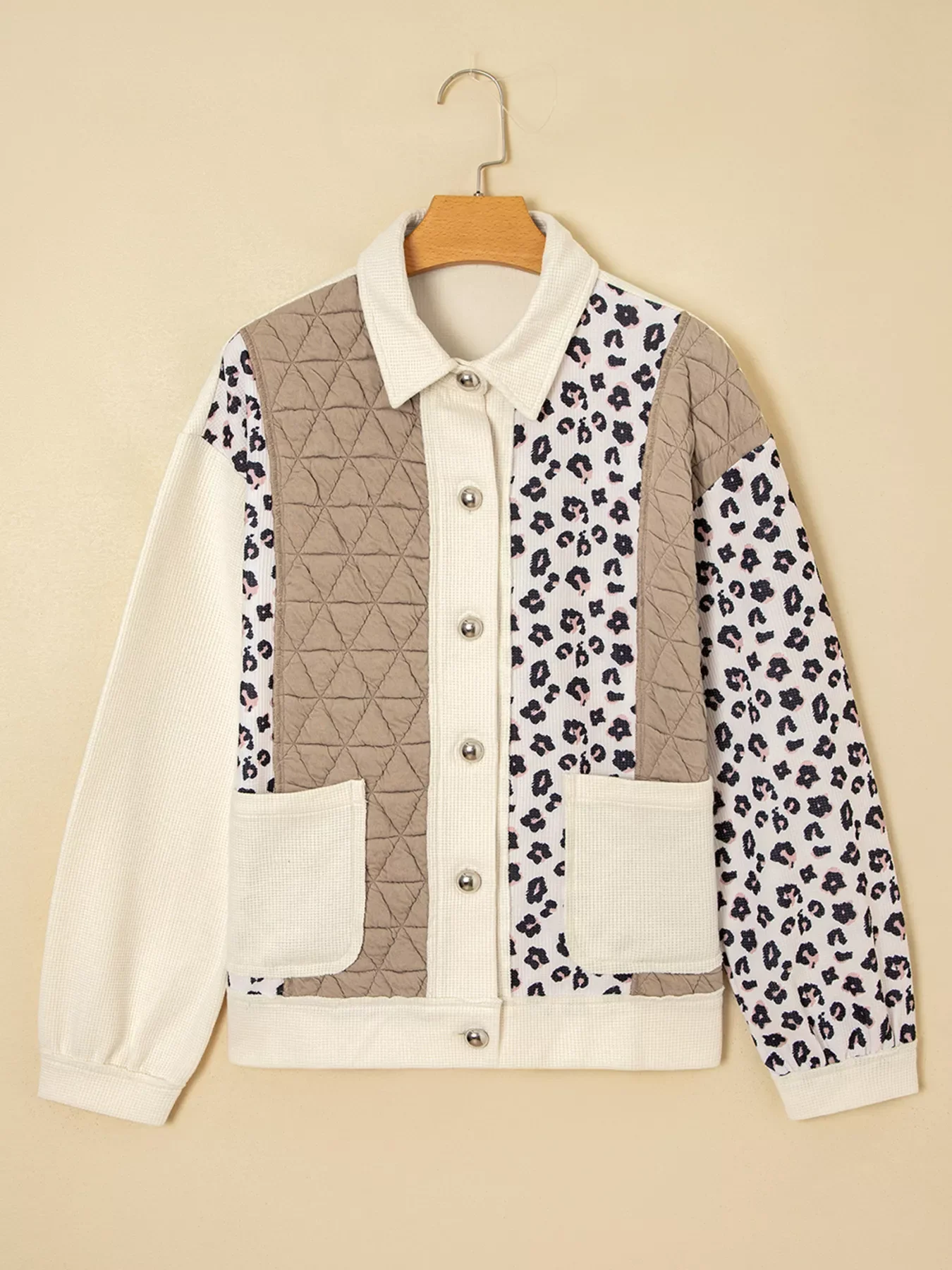 Leopard Waffle Quilted Patchwork Button Front Jacket - Image 5