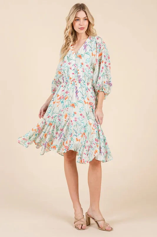 Lime 'N' Chili Floral Cinched Waist Balloon Sleeve V-Neck Dress - Image 10