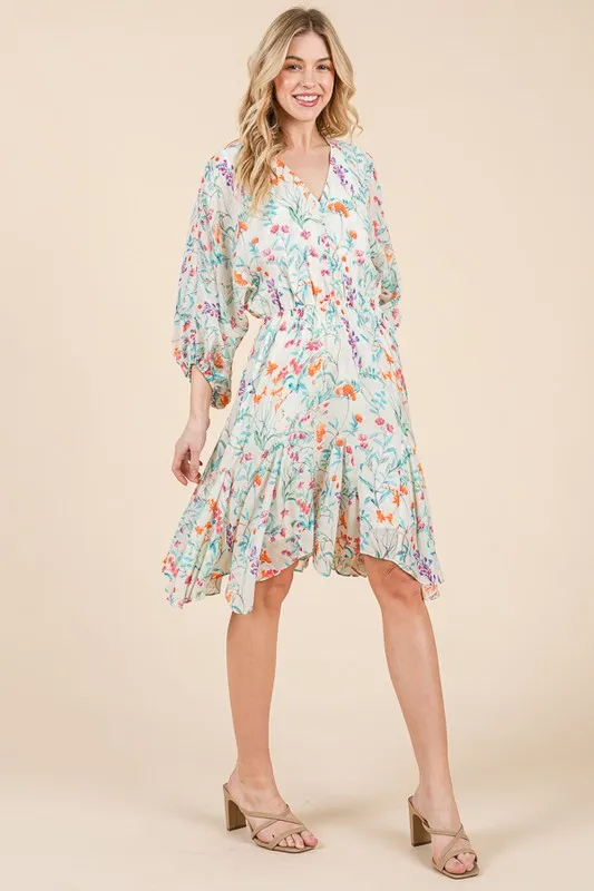Lime 'N' Chili Floral Cinched Waist Balloon Sleeve V-Neck Dress - Image 11