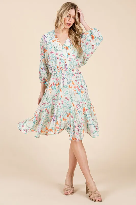 Lime 'N' Chili Floral Cinched Waist Balloon Sleeve V-Neck Dress - Image 12