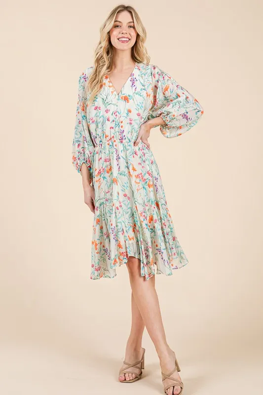 Lime 'N' Chili Floral Cinched Waist Balloon Sleeve V-Neck Dress - Image 13