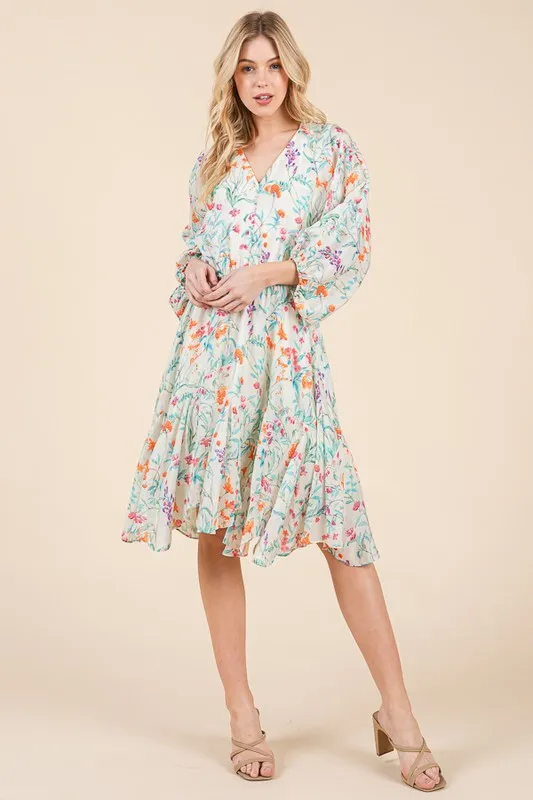 Lime 'N' Chili Floral Cinched Waist Balloon Sleeve V-Neck Dress - Image 14