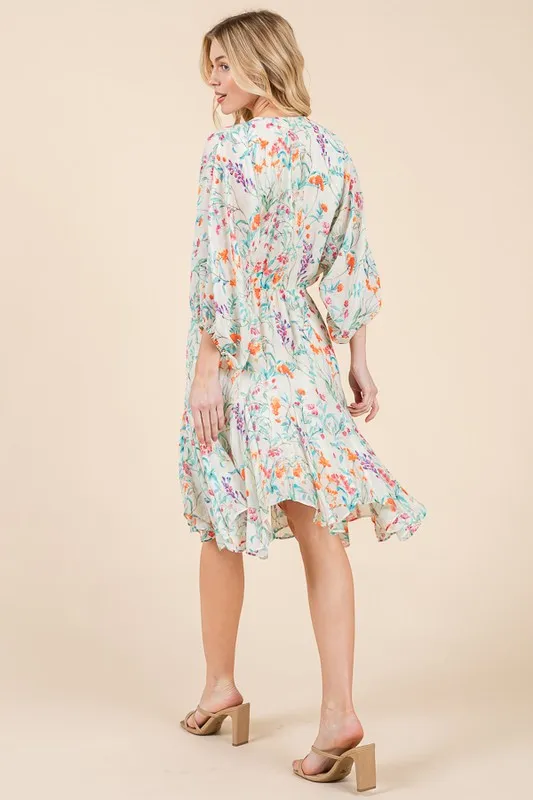 Lime 'N' Chili Floral Cinched Waist Balloon Sleeve V-Neck Dress - Image 15