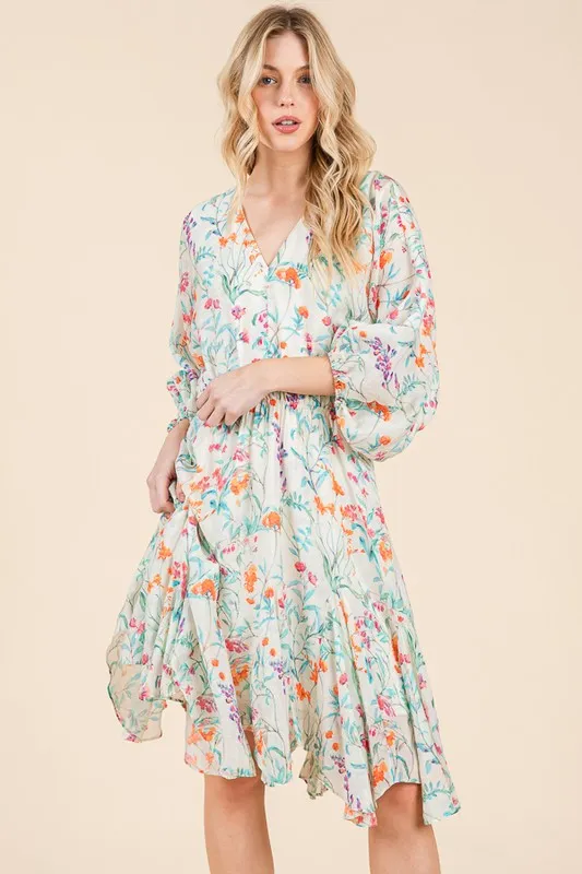 Lime 'N' Chili Floral Cinched Waist Balloon Sleeve V-Neck Dress - Image 2