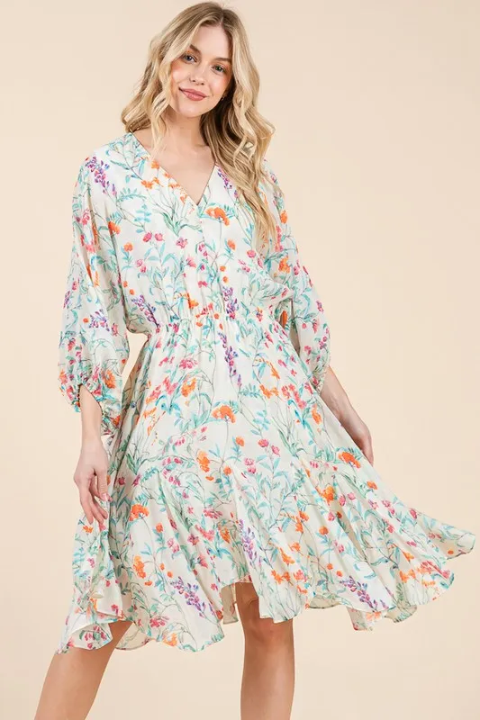 Lime 'N' Chili Floral Cinched Waist Balloon Sleeve V-Neck Dress - Image 3